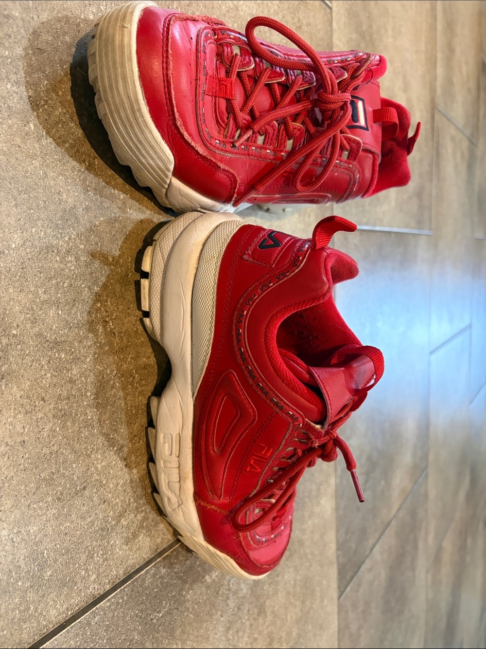 Fila Red and White Chunky Lace-Up Sneakers